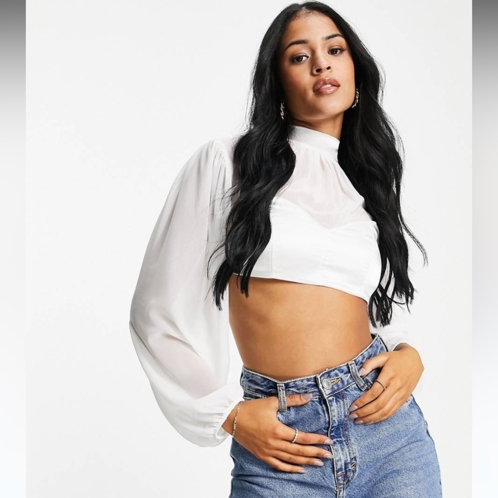 NWT TFNC London Bridal White Cropped Sheer Sleeve Open Back Tie Top S/M